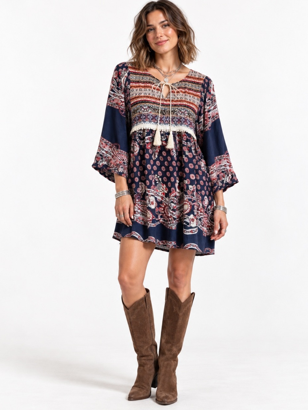 Altar’d State Boho Paisley Mini Dress Flowy Tunic Bell Sleeve Tassel Tie Large